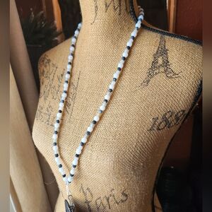 Elegant Beaded Lanyard Necklace in Black and White